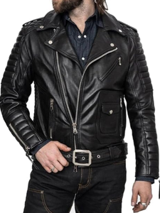 Men's Black Genuine Leather Moto Jacket Turn-down Collar Zipper Closure <b>Slim</b> Fit Regular Sleeve Solid Color Biker <b>Coat</b> Autumn - Product Image 1