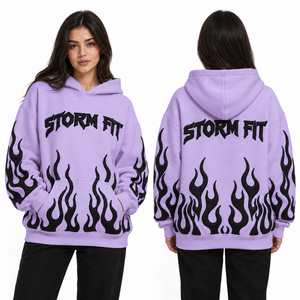 Sudadera con Capucha Extra Grande Personalizada para Mujer, Color Morado, Estampado de Llamas, Tejido de Algodón, Ecológica, Resistente al Viento, Estilo Urbano, Invierno - Product Image 1