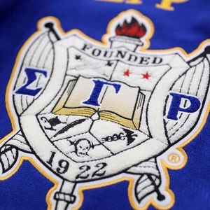 Pull-over à col en V de la sororité Sigma Gamma Rho - Patch brodé personnalisé avec le logo universitaire bleu et or - Product Image 4