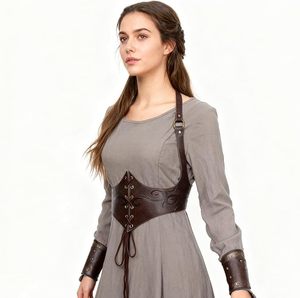 Women Dark Brown Leather Corset Belt Embossed Lace Up Front <b>Waist</b> <b>Cincher</b> Bustier with Shoulder Straps - Product Image 3