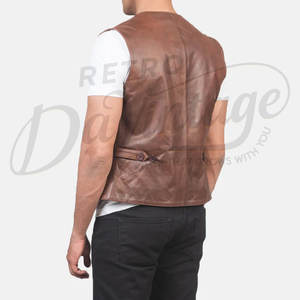 Chaleco de cuero genuino marrón para hombre, corte ajustado, cuello en V, con botones, sin mangas, formal, informal. - Product Image 2