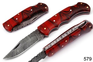 Couteau de poche pliant artisanal en acier Damas et résine gravée, avec poignée à verrouillage Liner Lock, pour usage quotidien, camping et bricolage - Product Image 5