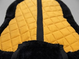 All Purpose Breathable Polyester-Filled English Saddle Pad Yellow with Black Faux <b>Fur</b> <b>Trim</b> Satin Fabric Girth Strap for Riding - Product Image 3