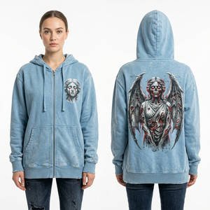 Sudadera con capucha azul con cremallera, estilo vintage, para mujer, con efecto desgastado, diseño gótico de ángel caído, bordado gráfico, talla grande - Product Image 1