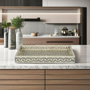 Elegante Bandeja de Madera con Incrustaciones de Hueso y Patrón Geométrico Gris con Detalles en Color Marfil para Decoración del Hogar, Cocina, Comedor y Mesa de Centro - Product Image 1