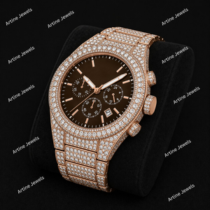 Rose Gold Crystal Chronograph <b>Watch</b> Brown Dial Date Display Luxury Sparkling Timepiece For Men Elegant Fashion Statement Gift - Product Image 2