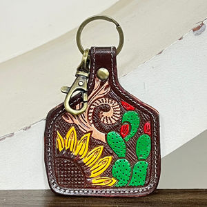 2026 Handmade Tooled Leather Cowhide Keychain Sunflower Cactus Western <b>Key</b> Fob Rustic Floral Car <b>Key</b> Holder Gift for Women Men - Product Image 4