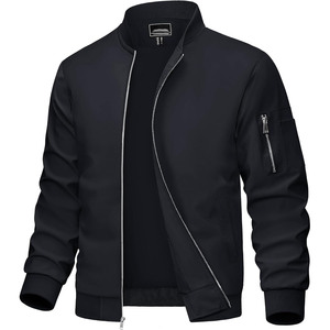 Blouson bomber noir pour homme, fermeture éclair, col montant, vêtement d'extérieur décontracté, coupe classique, matière polyester, pour l'automne - Product Image 1