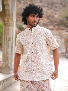 Men Hand block Kalamkari Printed Cotton Short Kurta <b>Shirt</b> Casual Summer Wear Slim Fit Mandarin Collar <b>Half</b> Sleeves Ethnic Top - Product Image 4