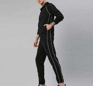 Ensemble de survêtement noir pour homme, manches longues, fermeture éclair, couleur unie, col montant, style sportif, respirant, coupe régulière, pour l'automne - Product Image 3