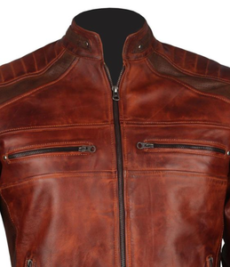 Veste de moto en cuir véritable marron pour homme, col montant, fermeture éclair, coupe classique, style automne, veste de motard - Product Image 2