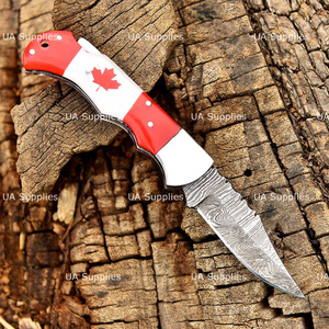 Canadian Flag Handle Custom Damascus Steel Folding Knife Razor Sharp Pocket Hunting Knife Leather Sheath OEM ODM Manufacturer - Product Image 2
