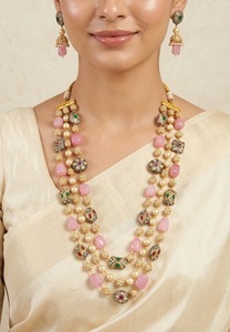 Gold Plated Ethnic Jewelry <b>Set</b> With <b>Pearl</b> And Pink Gemstone <b>Necklace</b> Earrings For Women Wedding Style - Product Image 1