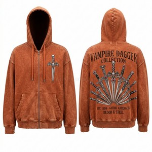 Sweat à capuche noir personnalisé à fermeture éclair intégrale avec broderie graphique géométrique en cristal pour homme, coupe oversize, effet délavé, style streetwear - Fournisseur - Product Image 3