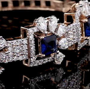 Bracelet floral en saphir bleu taille princesse et diamants, pierres précieuses rondes et marquises, en argent sterling 925, or 10K, 14K, 18K, bijoux fins - Product Image 3