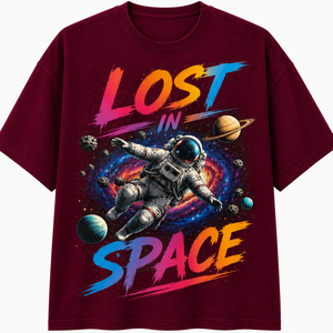 Camiseta negra para hombre con estampado de astronauta Lost Space, manga corta, cuello redondo, corte regular, informal, 100% algodón jersey - Product Image 1