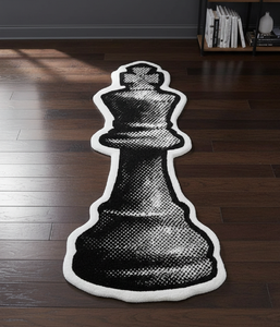 Tapis d'appoint moderne haut de gamme en laine tuftée à la main, motif roi d'échecs, antidérapant, noir et blanc, thème jeu, pour salon et chambre à coucher - Product Image 1