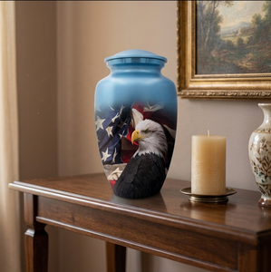 Urne funéraire décorative en métal avec drapeau américain et aigle chauve pour cendres humaines, couvercle sécurisé et durable, urne commémorative patriotique pour inhumation - Product Image 2