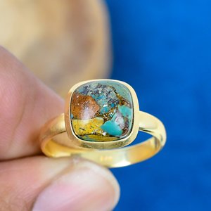 Anillo de Piedra Preciosa de Turquesa Natural en Forma de Cojín, Hecho a Mano, con Baño de Oro de 18k sobre Plata de Ley 925 - Product Image 2