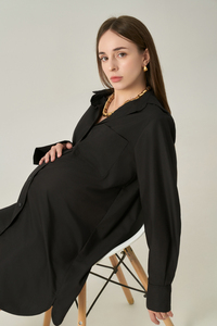 Robe chemise d'été en coton, unie, boutonnée, manches longues, longueur genou, tissu respirant, taille ample, style minimaliste décontracté pour le bureau - Product Image 6