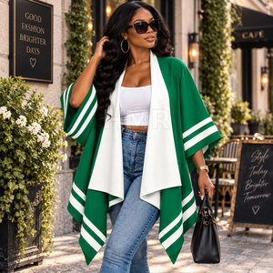 HMR Sorority Sisterhood Green White Striped <b>Poncho</b> Batwing Sleeve Long Casual Sweater 100% Polyester Sweater - Product Image 4