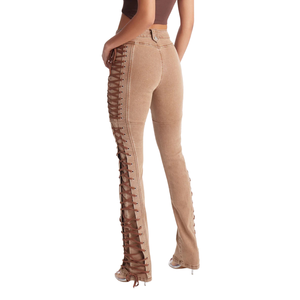 Jean en denim marron taille haute pour femme, avec détails en dentelle sur les côtés, coupe droite, décontracté, respirant, séchage rapide, pantalon d'été tendance, longueur intégrale - Product Image 2
