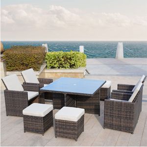 Set da pranzo da esterno in rattan PE marrone da 9 pezzi con comodi pouf e cuscini - Product Image 2