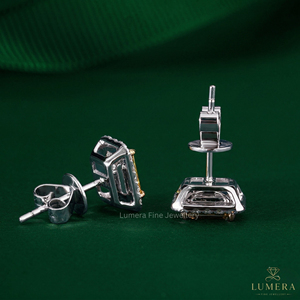 Fancy Yellow Emerald Cut Lab Grown Diamond Halo Stud <b>Earrings</b> Cluster Setting Gold Diamond Graduation <b>Earrings</b> Antique Jewelry - Product Image 3