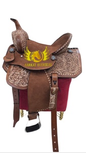 Silla de montar de cuero para caballo, estilo western, personalizada con grabado floral, de cuero rugoso, duradera, portátil, tipo inglés, para carreras de barriles y equitación, con base de madera - Product Image 4