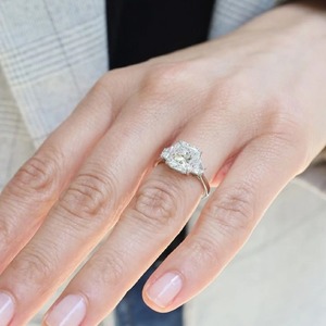 3.60 CT Cushion Cut Lab Grown Diamond Three Stone <b>Ring</b> with Trapezoid Side Stones in 14K Solid White Gold Elegant <b>Statement</b> <b>Ring</b> - Product Image 2