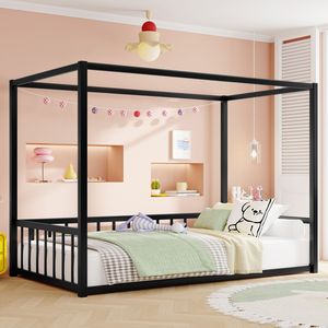 Moderno Letto a Basso Profilo per Letti Singoli e Matrimoniali con Parasole e Sponda di Sicurezza Stile Recinzione per Bambini - Product Image 3