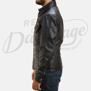 Chaqueta Trucker de Cuero Genuino Negro Premium para Hombre - Abrigo Estilo Western de Piel de Oveja Genuina con Corte Ajustado y Botones a Presión - Product Image 2