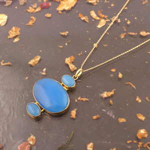 High quality triple stone blue chalcedony big size pendant <b>necklace</b> <b>solid</b> brass 18k gold plated handmade cable chain <b>necklace</b> - Product Image 3