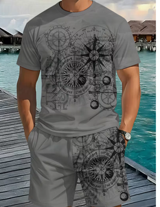 ชุดเสื้อยืดและกางเกงขาสั้นฤดูร้อนสำหรับผู้ชาย สีเทา พิมพ์ลายเข็มทิศ ผ้าถัก ระบายอากาศได้ดี สไตล์ลำลอง สตรีทแวร์ ชุดสองชิ้น - Product Image 2