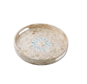 Bandeja de nácar artesanal con diseño floral beige en el centro, bandeja decorativa redonda de mosaico para mesa de hotel de lujo - Product Image 3