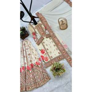 Vêtements et accessoires musulmans traditionnels : Ensemble Sharara et Dupatta imprimé numérique avec dentelle Latkan, beige, taille L, 950g, fabriqué à Hong Kong - Product Image 5