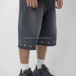 Shorts en jean vintage personnalisables pour hommes, délavés, ornés de strass, coupe ample, style streetwear, taille mi-haute, respirants, tricotés, service OEM - Product Image 5