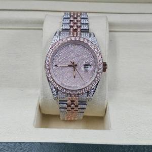 Montre pour homme de luxe RoseTone 46 mm en acier inoxydable, cadran entièrement serti de diamants, style HipHop, mouvement à quartz, montre à aiguilles, diamant Moissanite - Product Image 4