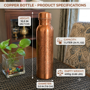 Botella de Agua de Cobre Puro con Diseño Floral Grabado, a Prueba de Fugas, Reutilizable, Botella Ayurvédica para Beber, Decoración Artesanal de Cobre Indio - Product Image 5