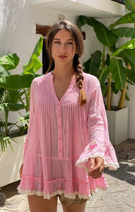 Women Simple Pink Embroidered 100% Organic Cotton Beach Cover Dress Deep V Neck Tassel Mini Kaftan Boho Summer Resort Wear - Product Image 4