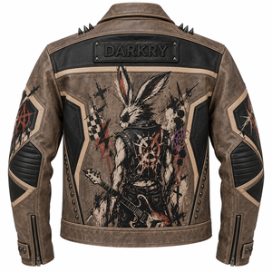 Chaqueta de Cuero Genuino Marrón para Hombre, Estilo Motero con Tachuelas y Estampado Gráfico de Conejo, Abrigo con Tachuelas, Fabricante OEM ODM, Proveedor de Fábrica, Exportación al por Mayor - Product Image 2