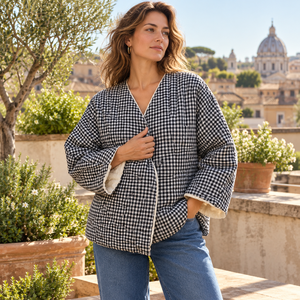 Chaqueta tipo kimono para mujer en color marfil y cuadros vichy con cinturón y puños vuelcados - Product Image 4