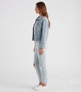Women's <b>Denim</b> <b>Jacket</b> <b>Cropped</b> Loose Fit Vintage Washed Zipper Front Solid Color Casual Spring Style Distressed Jeans Coat - Product Image 6