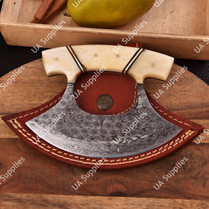 Couteau de chef Ulu en acier Damas de qualité industrielle, tranchant comme un rasoir, ambidextre, manche en os de chameau, gaine en cuir multi-usages, OEM - Product Image 2