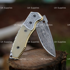 UA Supplies Industrial Grade Damascus Steel Folding <b>Knife</b> Clip Point Blade Thumb Knob Other <b>Handle</b> 7.5 Inches Overall Length - Product Image 2