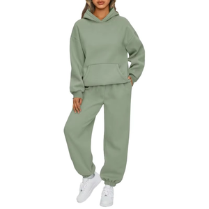 Women Casual <b>Tracksuit</b> Solid Color Hooded Sweatshirt Pants Set Loose Fit Full Sleeve Autumn Wear Breathable Cotton Material - Product Image 2