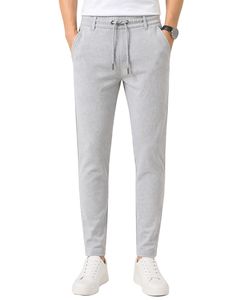 Men Light Grey Slim Fit Casual Jogger Pants Elastic Waist <b>Drawstring</b> <b>Trousers</b> Soft Fabric Comfortable Daily Wear Stylish Look - Product Image 1