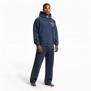 Ensemble de survêtement pour homme coupe décontractée, effet délavé et usé, comprenant un sweat à capuche et un pantalon de jogging large en molleton de coton respirant, deux pièces - Product Image 3