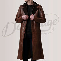 Manteau long en cuir marron pour homme, style trench-coat classique, véritable cuir, col double, coupe-vent