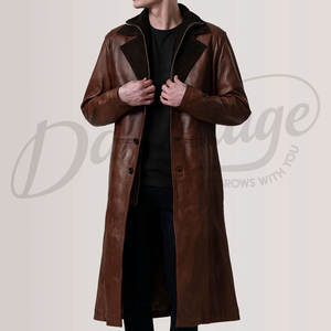 Abrigo de Cuero Marrón Premium para Hombre, Gabardina Clásica Larga de Invierno, Chaqueta de Cuero Genuino con Doble Cuello, Cortavientos - Product Image 2